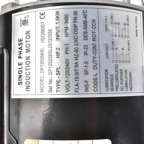 Heavy Duty 2HP Air Compressor Motor With 120 240V Single Phase Power Brings Bang For Your Buck Performance And Smooth Plug And Play Shop Floor Upgrade label detail on black metal motor.