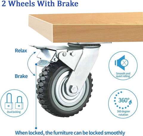 8 Inch All Swivel Caster Wheels Set Heavy Duty Rubber Casters 360 Degree Top Plate Anti Skid 4 Pack With 2 Brakes And 2 Without Brakes Durable Steel Frame Quiet Rolling And Floor Safe, side view showing brake mechanism under wooden surface.