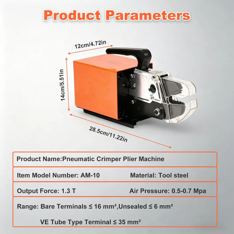 High-Speed Air Powered Pneumatic Crimping Tool Machine For Heavy Duty Wire Terminals Up To 16mm2 with tool steel body and dimensions shown