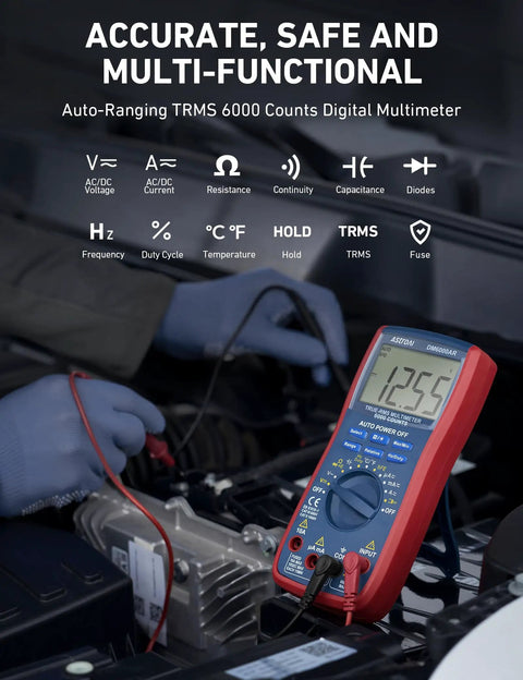 Digital Multimeter And Analyzer With TRMS 6000 Counts Auto Ranging Pro Grade in use for car engine testing.