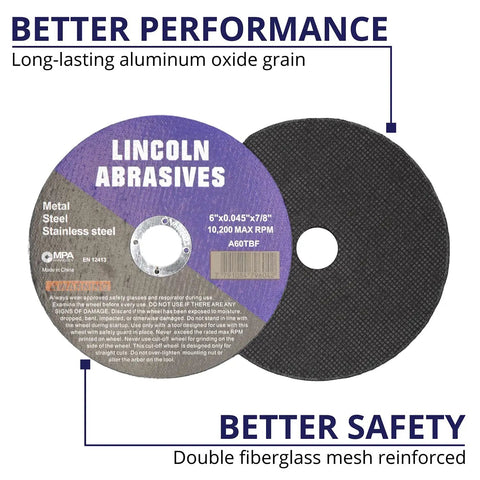 Front and back view of 100 Pack 6 Inch Cut Off Wheels For Metal And Stainless Steel With 7 Eighths Inch Arbor And 0.045 Inch Thickness Heavy Duty