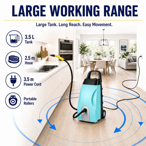 Pro 3000W Heavy Duty Steam Cleaner With 3.5L Tank For Intense Heat And Pressure Cleaning Adjustable Flow Control For Floors Tiles And Surfaces Blue with hose in kitchen.