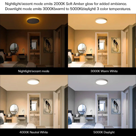 Hella Bright 13 Inch LED Flush Mount Ceiling Light in nightlight, 3000K, 4000K, 5000K settings for bedroom ambiance comparison