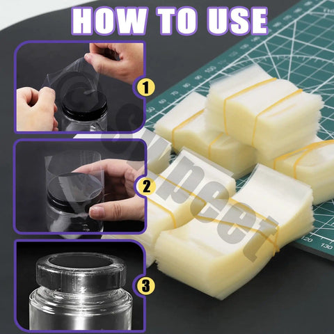 Clear PVC Heat Shrink Bottle Band Kit With 1200 Pieces In Six Sizes step-by-step use on bottles and stacked shrink bands