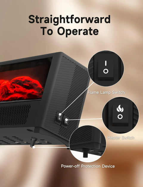 Small Space Heater With Realistic Volcanic Flame Ambiance controls showing power buttons and safety features