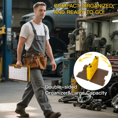 Man carrying 1066 Piece Metric Bolt And Nut Assortment Kit 8.8 Grade Hex Fasteners Spanning M4 Through M12 Yellow Zinc Coated.