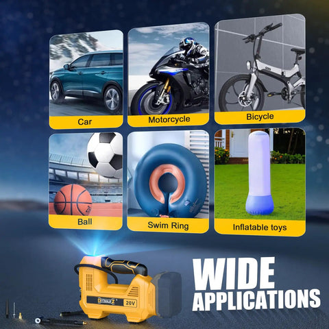 Hella Fast Cordless Tire Inflator With Auto Shut Off And Precision Digital Pressure Gauge Hits 160 PSI for cars, bikes, balls, swim rings, and inflatables.