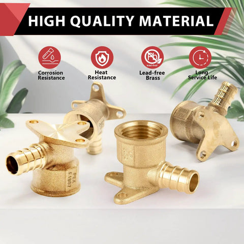 Ten Pack PEX Drop Ear Elbow Brass Crimp Fitting One Half Inch Female NPT Heavy Duty Lead Free Brass Hot Forged For Rugged Pipe Connections NSF ANSI 61 NSF 372 ASTM F1807 displayed on a table.