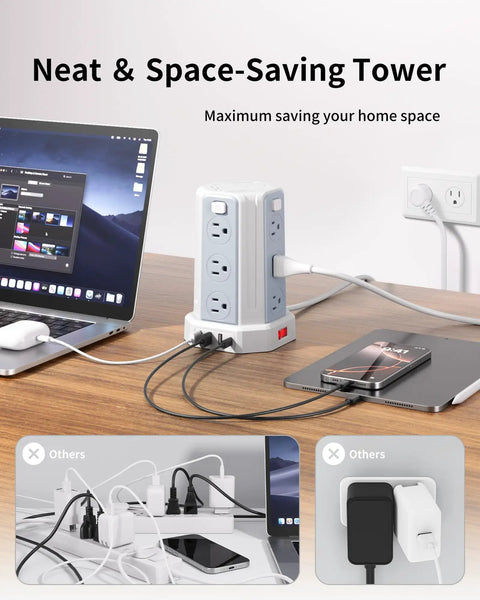 Power Strip Surge Protector Tower With 12 AC Outlets And 4 USB Ports Including USB C on desk, neat cable management
