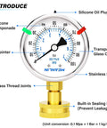 Meanlin 0–100 psi liquid-filled gauge, front view, 2.5-inch dial, stainless frame, brass joints, sealing ring