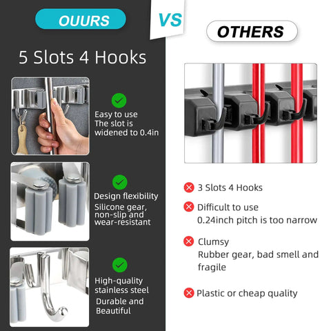 Comparison of stainless steel broom holder wall mount organizer with 5 racks and 4 hooks against other brands
