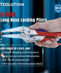 9 Inch Needle Nose Locking Pliers With Cr V Steel Jaws adjustable clamping screw gripping a screw in wood.