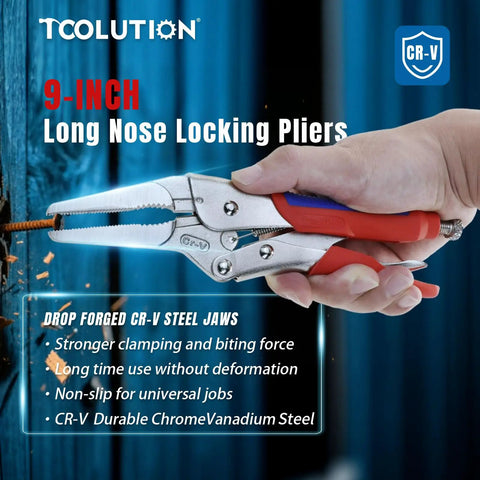 9 Inch Needle Nose Locking Pliers With Cr V Steel Jaws adjustable clamping screw gripping a screw in wood.