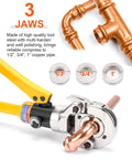 Pro Grade Beefy Hydraulic Copper Tube Fittings Press Tool Kit For One Half, Three Quarters And One Inch PEX Pipe With 360 Degree Rotating Head Automatic Locking Crimp Interchangeable Jaws Stainless Sleeves And Pipe Cutter shown with copper pipe and three interchangeable jaws.