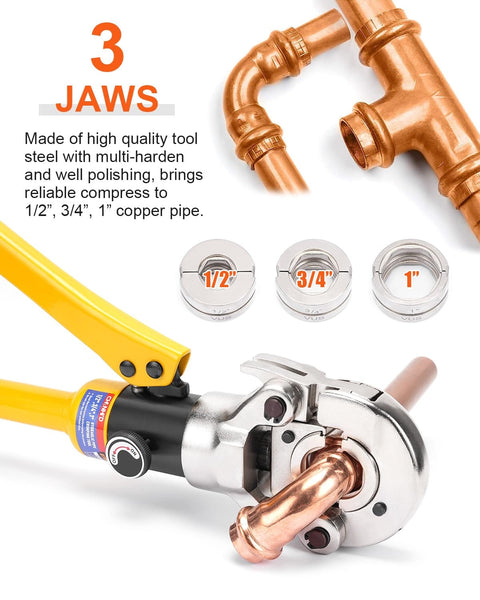 Pro Grade Beefy Hydraulic Copper Tube Fittings Press Tool Kit For One Half, Three Quarters And One Inch PEX Pipe With 360 Degree Rotating Head Automatic Locking Crimp Interchangeable Jaws Stainless Sleeves And Pipe Cutter shown with copper pipe and three interchangeable jaws.