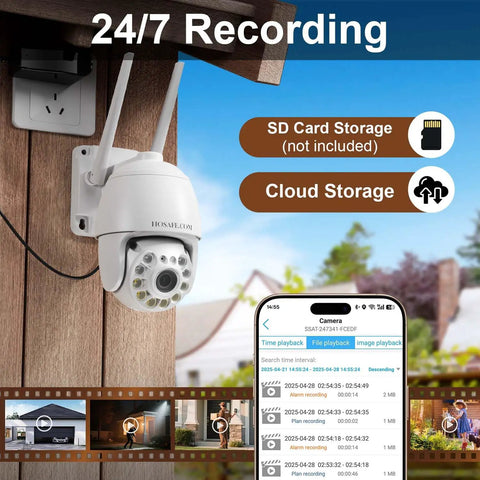 4MP HD Plug In Outdoor Security Camera With Dual Band WiFi installed outside, mobile phone showing app interface for surveillance
