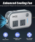 Heavy Duty 200W Car Power Inverter With Four USB Ports And AC Outlet Plug For Laptops Phones And CPAP Machines Road Trip Ready, showing enhanced cooling fan and two AC outlets.