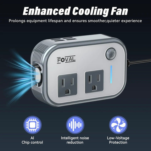 Heavy Duty 200W Car Power Inverter With Four USB Ports And AC Outlet Plug For Laptops Phones And CPAP Machines Road Trip Ready, showing enhanced cooling fan and two AC outlets.