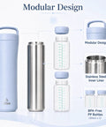 Portable Breastmilk Cooler Bag Featuring Double Walled Stainless Steel Insulation Keeps Mamma Juice Chilled Under Fifty Nine Degrees For Twenty Four Hours Includes Dual Eleven Ounce Bottles Zero Fuss Perfect For Daycare Commutes And Mom Life, showing modular design with bottles and stainless steel liner.