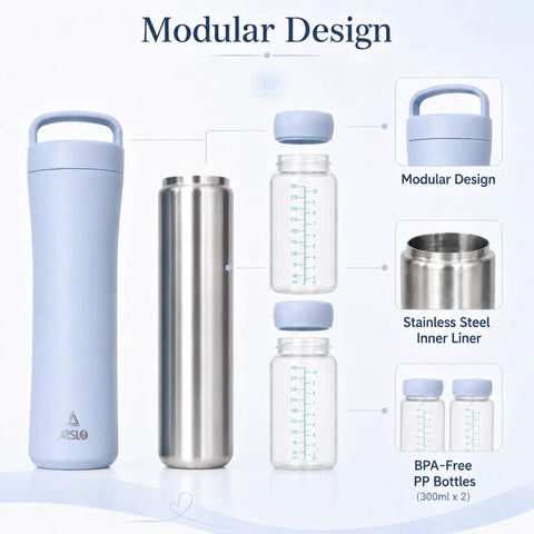 Portable Breastmilk Cooler Bag Featuring Double Walled Stainless Steel Insulation Keeps Mamma Juice Chilled Under Fifty Nine Degrees For Twenty Four Hours Includes Dual Eleven Ounce Bottles Zero Fuss Perfect For Daycare Commutes And Mom Life, showing modular design with bottles and stainless steel liner.