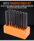 Pro Grade Heavy Duty Transfer Punch Set With 28 Pieces Includes 3/32 To 1/2 Inch Punches And Chisels on orange holder