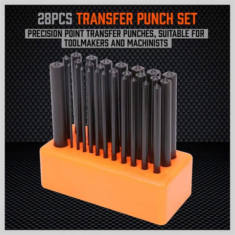 Pro Grade Heavy Duty Transfer Punch Set With 28 Pieces Includes 3/32 To 1/2 Inch Punches And Chisels on orange holder