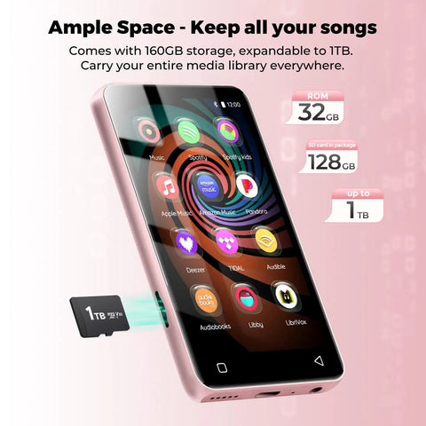 Kids Bluetooth MP3 Player With WiFi And 4.0 Inch Touch Screen Android Music Player showing expandable 1TB storage in pink