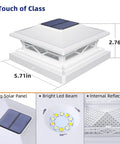 Close-up of solar post cap light with dimensions, solar panel, LED beam, and reflector for outdoor decor fitting 4x4 and 6x6 posts.