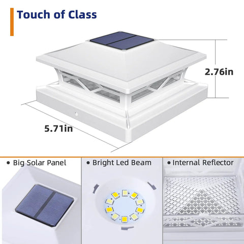 Close-up of solar post cap light with dimensions, solar panel, LED beam, and reflector for outdoor decor fitting 4x4 and 6x6 posts.