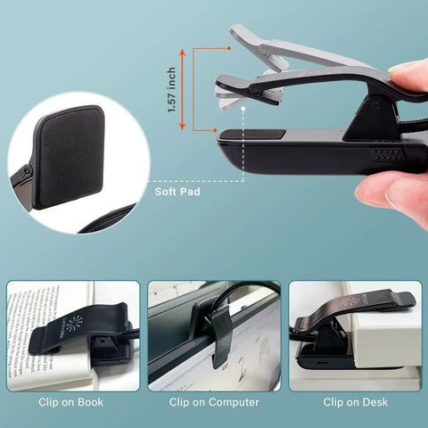 Dual Heads Rechargeable Clip On Book Light with 180 Degree Adjustable Arms showing clip mechanism and uses on book and desk.