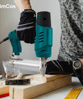 Person using electric nailer with Assorted 18 Gauge Brad Nails Kit, 1200 Count Galvanized Nails for trim and light carpentry