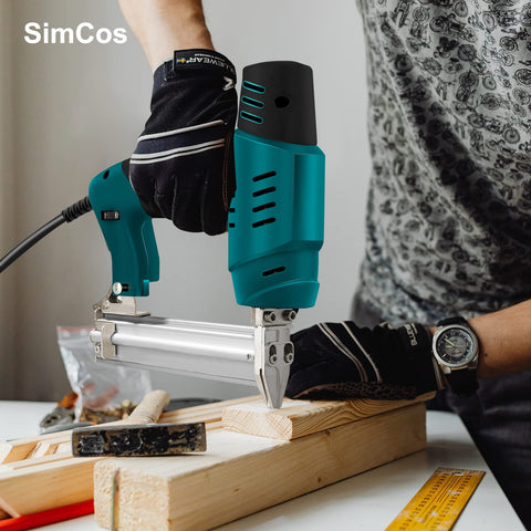Person using electric nailer with Assorted 18 Gauge Brad Nails Kit, 1200 Count Galvanized Nails for trim and light carpentry