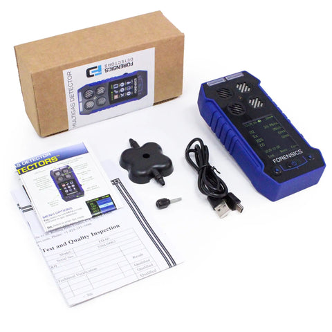 Four Gas Monitor With Color Display And USA NIST Calibration Certificate For O2 CO H2S And LEL Detection Data Logging Worksite Ready Build With Anti Slip Grip, shown with accessories and packaging
