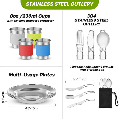 Go To Ultimate 29 Piece Camping Cookware Mess Kit cups plates cutlery set stainless steel with silicone insulator