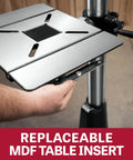 Hand holding the replaceable MDF table insert of the Shop Beast 17 Inch Floor Drill Press With 16 Variable Speeds And A Powerhouse 3/4 Horsepower Motor.