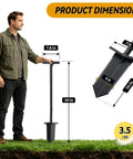 Man holding 39 inch V Shaped Tip Serrated Garden Shovel with dimensions, Root Slayer Spade Lightweight Durable Digging Tool