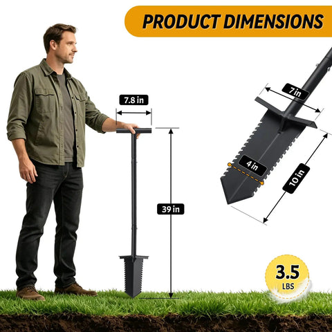 Man holding 39 inch V Shaped Tip Serrated Garden Shovel with dimensions, Root Slayer Spade Lightweight Durable Digging Tool