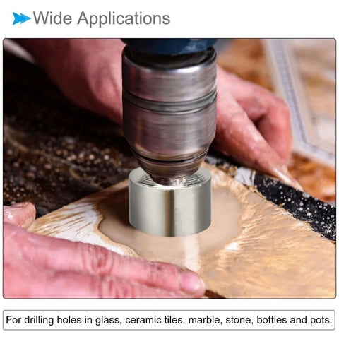 Close-up of CoCud 7mm diamond drill bit (nickel-plated) in use drilling glass.