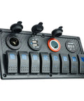 Waterproof 8 Gang Rocker Switch Panel With Digital Voltmeter, Dual USB Charger, 12V Cigarette Lighter Socket, Blue LED Indicator