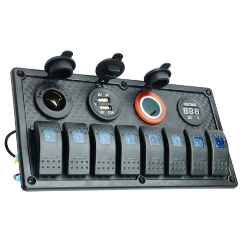 Waterproof 8 Gang Rocker Switch Panel With Digital Voltmeter, Dual USB Charger, 12V Cigarette Lighter Socket, Blue LED Indicator
