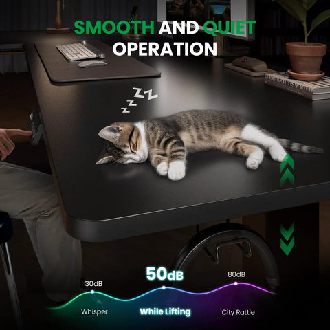 Cat sleeping on L Shaped Standing Desk With 63 By 55 Inch Corner Desk And Built In Charging Station For Home Office And Gaming Setup