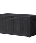 120 Gallon Resin Outdoor Storage Box For Patio And Yard Waterproof Deck Box Bench Lockable Outdoor Storage Chest With Wood Grain Finish