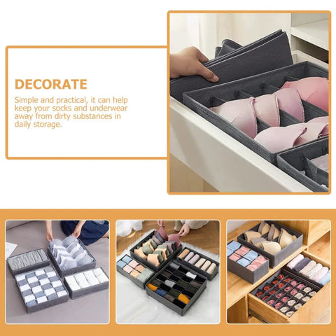 4 Piece Foldable Fabric Drawer Organizer Set For Socks And Underwear Storage Using A Nifty Layout To Keep Your Closet Clean Maximize Dresser Space While Delivering Zero Extra Stress Overall in dark grey, displaying organized underwear and socks.