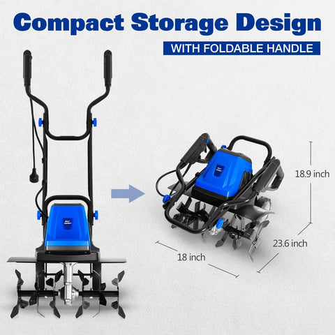 Powerful Corded Garden Tiller Cultivator with 14 Amp Motor, 18 Inch Till Width, foldable handle, and 6 steel front tines