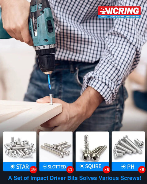 Heavy Duty Magnetic Impact Driver Bit Set With Blue Titanium Coated S2 Steel for Tough Jobs, demonstrated with cordless drill.
