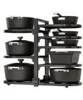 Adjustable 8 Tier Heavy Duty Pots and Pans Organizer for Kitchen Cabinet Storage Black Vertical Cookware Rack with stacked pots.