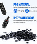 All-In-One Solar Crimp Tool Kit 13 Piece Set For Panel Wiring And Installation, includes connectors showing PPO material and IP67 waterproof details