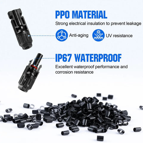 All-In-One Solar Crimp Tool Kit 13 Piece Set For Panel Wiring And Installation, includes connectors showing PPO material and IP67 waterproof details