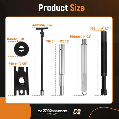 Dimensions and components of Engine Alignment Tool and Gimbal Bearing Puller Set for Mercruiser Alpha One, MR, Bravo, OMC, Volvo Outdrives