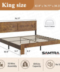 Rustic King Size Wooden Platform Bed Frame With Tall Headboard Open Horizontal Bar Design Natural Wood Grain Farmhouse Bedroom Foundation Built Different For Total Sleep Vibes - Side angle showing dimensions and sturdy construction.